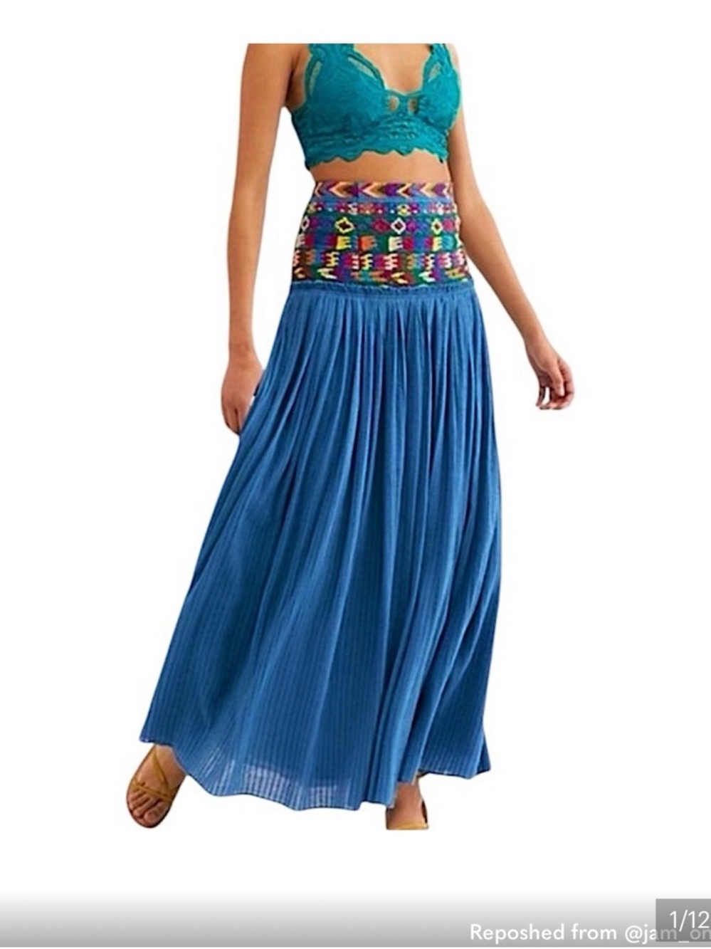 Free People Blue Pleated Maxi Skirt with Colorful Embroidered Waist